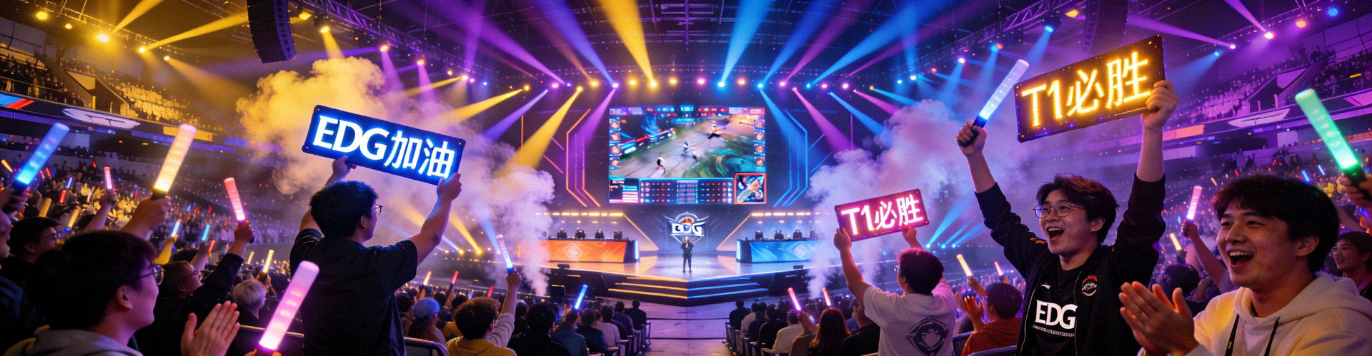 英雄联盟全球总决赛现场盛况 - 观众欢呼，舞台灯光璀璨